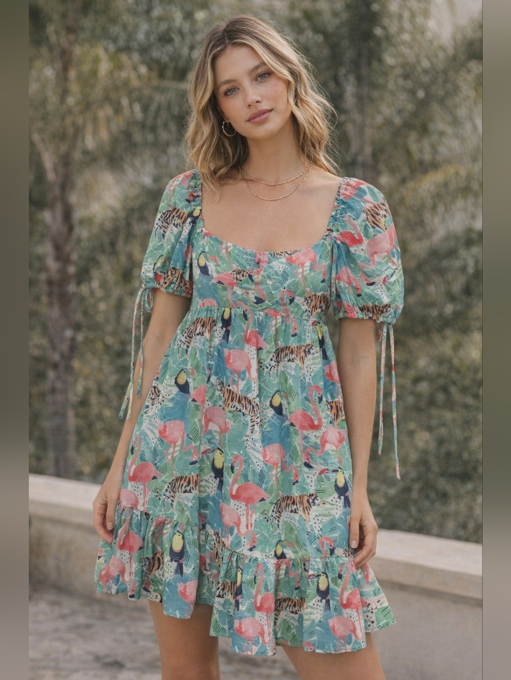 Boutique Puff Sleeve Pastel Tropical Print Babydoll Dress. Swiss Dot. Lined - Picture 1 of 7